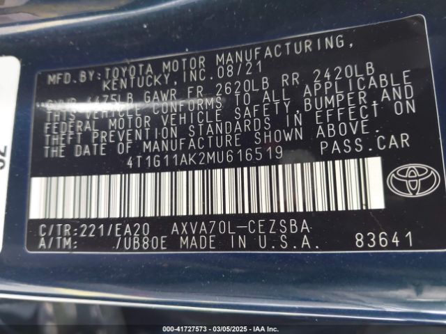 2021 TOYOTA CAMRY 4T1G11AK2MU616519 Photo 8
