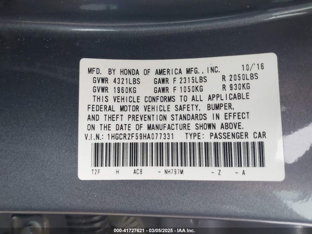 1HGCR2F59HA077331 Honda Accord Sport