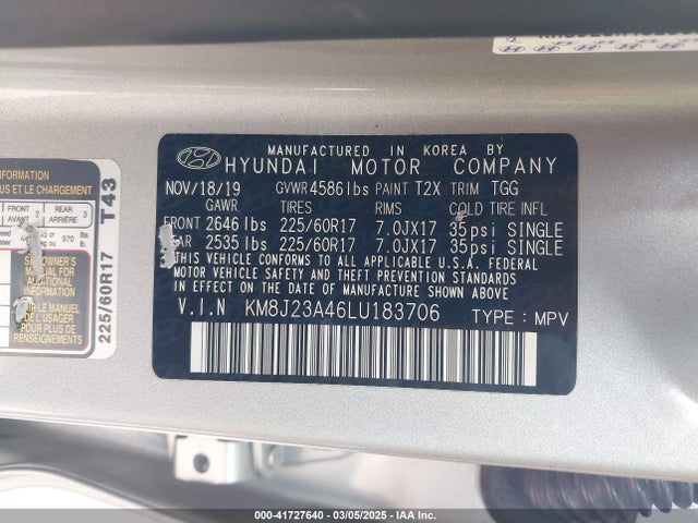 KM8J23A46LU183706 Hyundai TUCSON SE