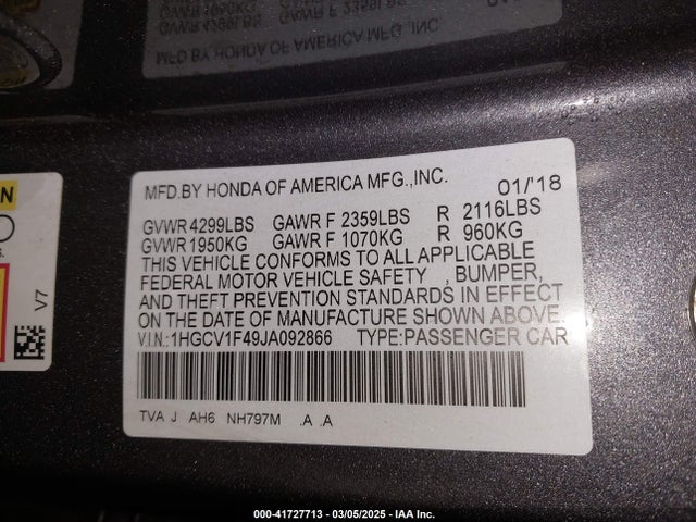 1HGCV1F49JA092866 Honda ACCORD EX