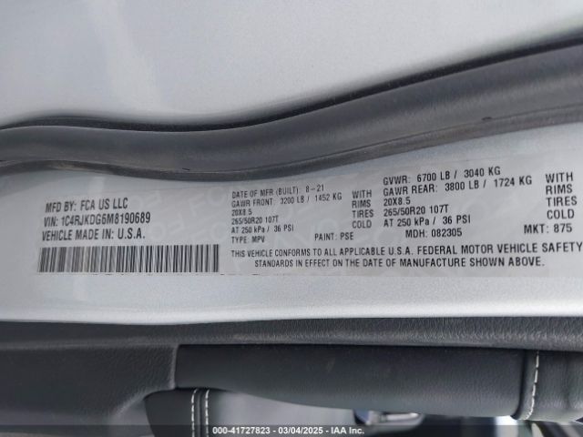 1C4RJKDG6M8190689 Jeep Grand Cherokee L Overland 4x4
