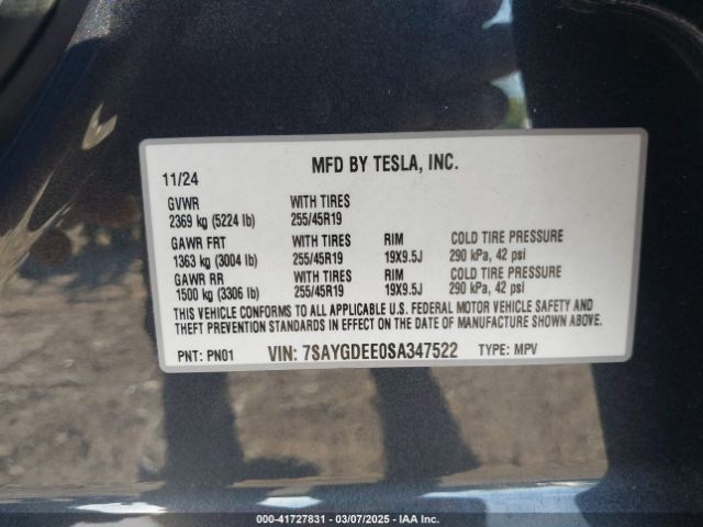 7SAYGDEE0SA347522 Tesla Model Y Long Range Dual Motor All-wheel Drive