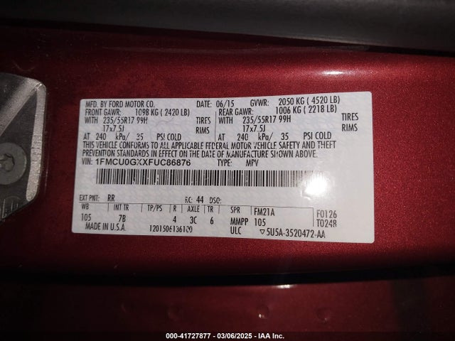 1FMCU0GXXFUC86876 Ford ESCAPE SE