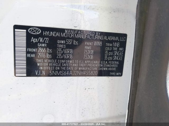 2022 HYUNDAI SANTA FE 5NMS64AJ2NH455820 Photo 8