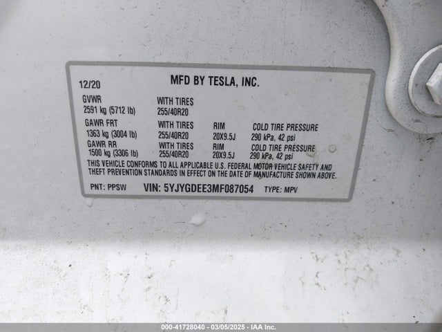 2021 TESLA MODEL Y 5YJYGDEE3MF087054 Photo 8