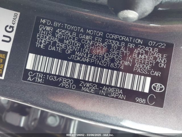 JTDKAMFP1N3218374 Toyota Prius Prime Le