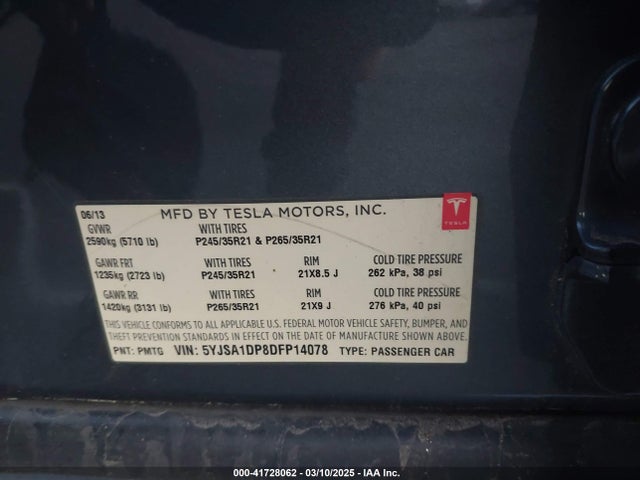 2013 TESLA MODEL S 5YJSA1DP8DFP14078 Photo 8