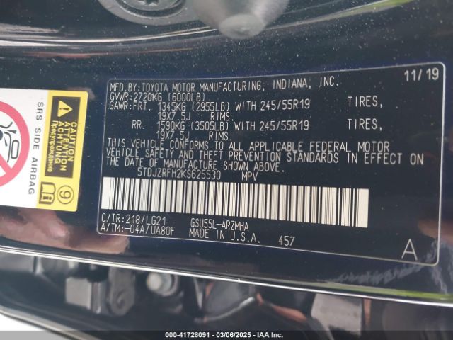 5TDJZRFH2KS625530 Toyota Highlander Se