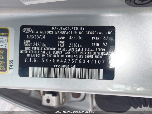 5XXGM4A76FG392107 KIA Optima Lx