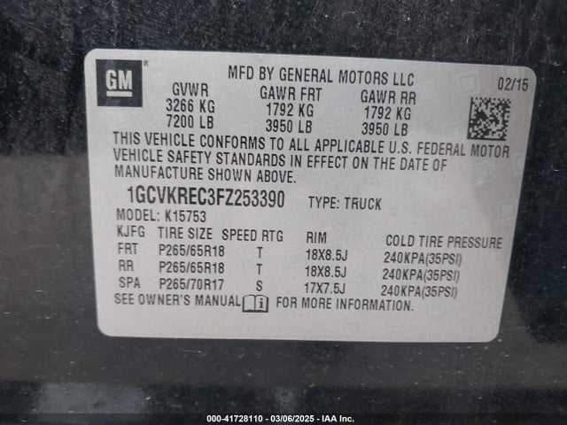 1GCVKREC3FZ253390 Chevrolet Silverado 1500 2lt