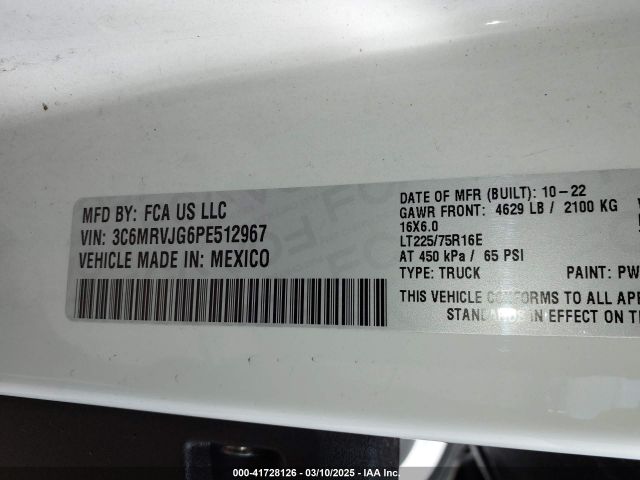 3C6MRVJG6PE512967 RAM Promaster 3500 Cargo Van High Roof 159 Wb Ext