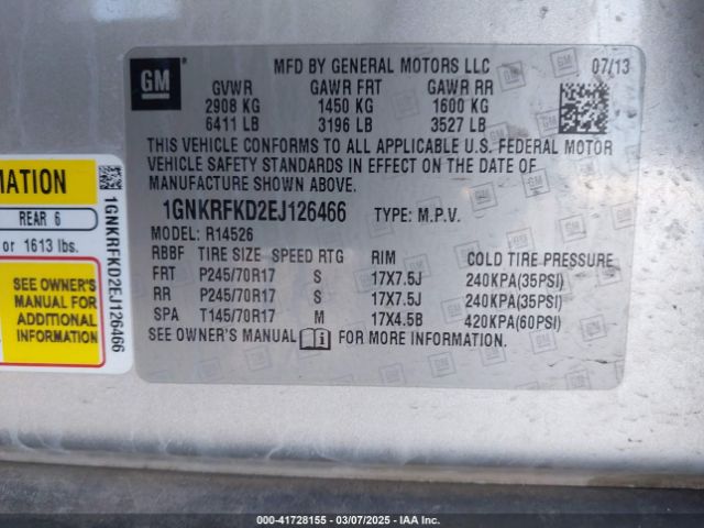 1GNKRFKD2EJ126466 Chevrolet Traverse Ls