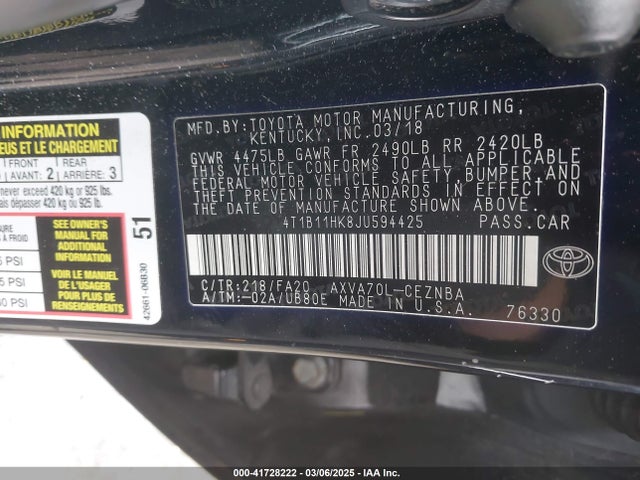 4T1B11HK8JU594425 Toyota CAMRY LE