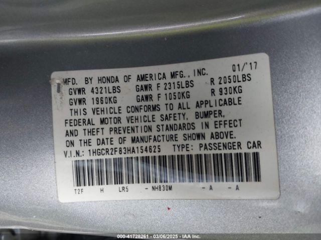 1HGCR2F83HA154625 Honda Accord Ex-l