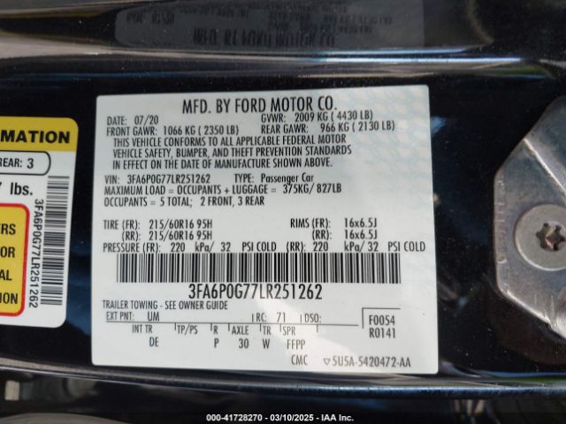 3FA6P0G77LR251262 Ford FUSION S