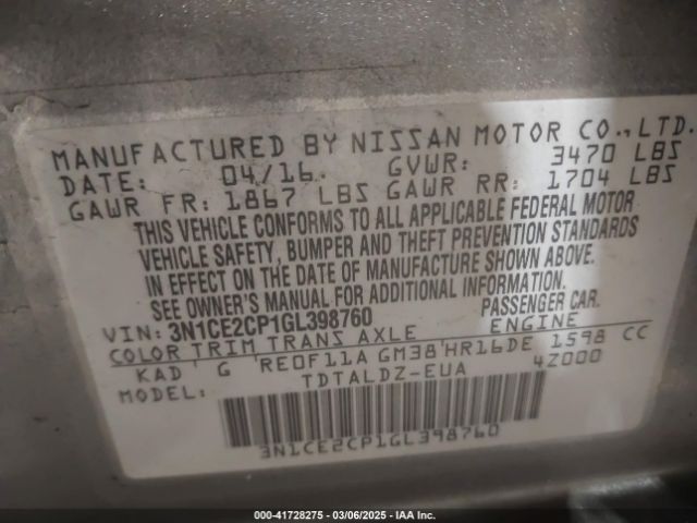 3N1CE2CP1GL398760 Nissan Versa Note Sv