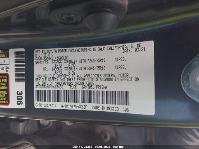 3TMCZ5ANXMM415436 Toyota Tacoma Sr5 V6