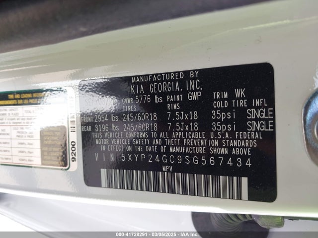 5XYP24GC9SG567434 KIA Telluride Lx