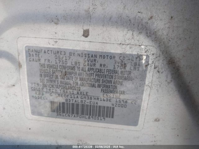 3N1CN7AP0HL890519 Nissan Versa 1.6 Sv