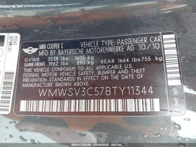 2011 MINI COOPER S WMWSV3C57BTY11344 Photo 8