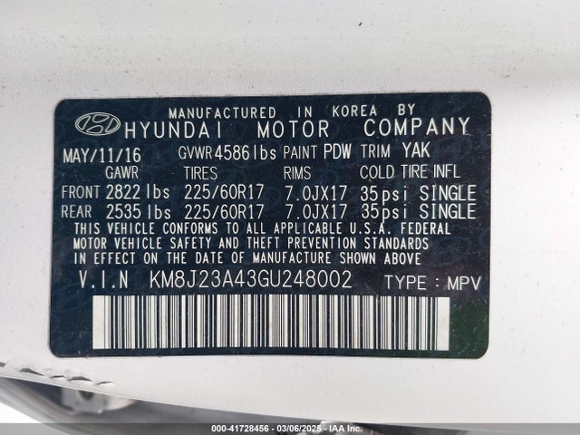 KM8J23A43GU248002 Hyundai TUCSON SE