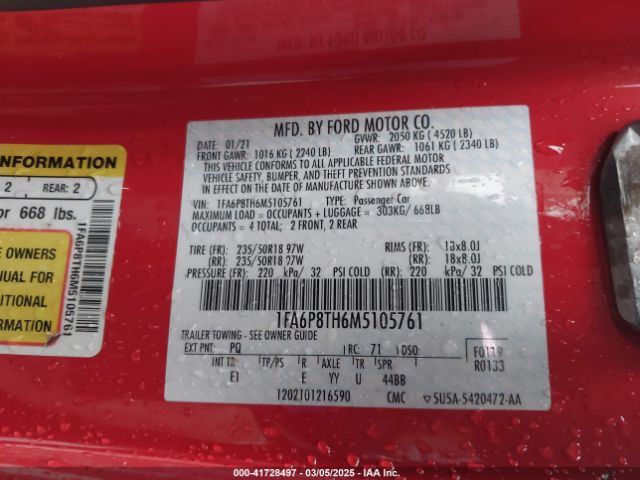 1FA6P8TH6M5105761 Ford Mustang Ecoboost Premium Fastback