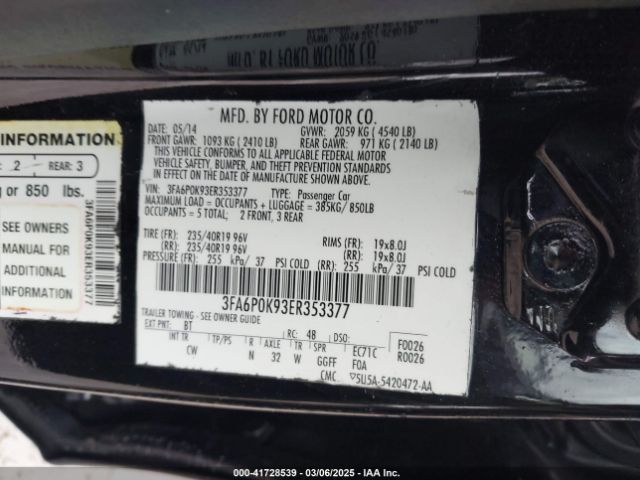 3FA6P0K93ER353377 Ford Fusion Titanium
