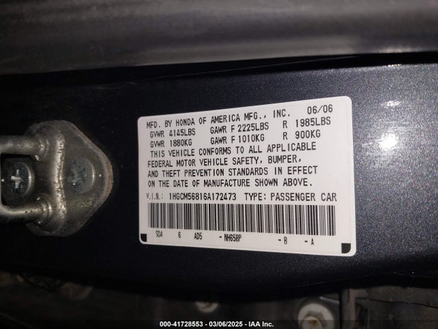 41728553 :رقم المزاد ، 1HGCM56816A172473 vin ، 2006 Honda Accord 2.4 Ex مزاد بيع