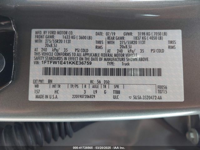 1FTFW1E41KKE36759 Ford F-150 Lariat