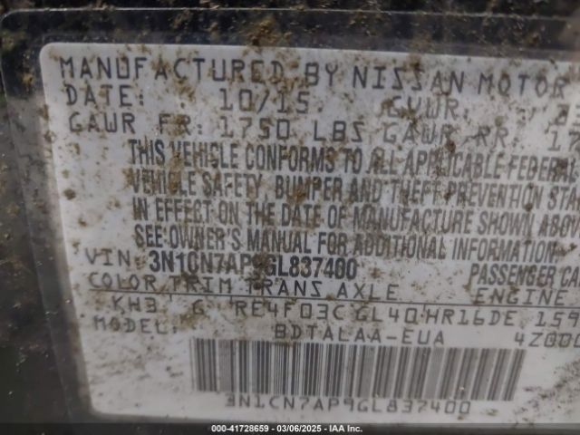 3N1CN7AP9GL837400 Nissan Versa 1.6 S