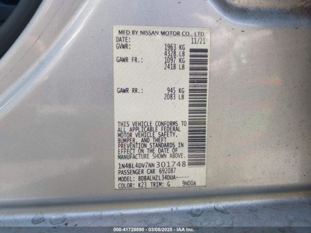 1N4BL4DV7NN301748 Nissan Altima Sv Fwd