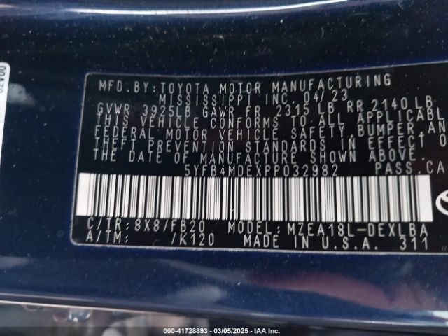 5YFB4MDEXPP032982 Toyota COROLLA LE