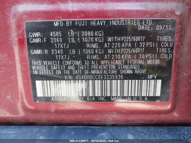 Subaru Outback 2.5i Premium 2014 4S4BRBCC0E3235936 Image 9