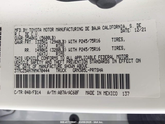 3TMCZ5AN7NM470444 Toyota 2gr-fks