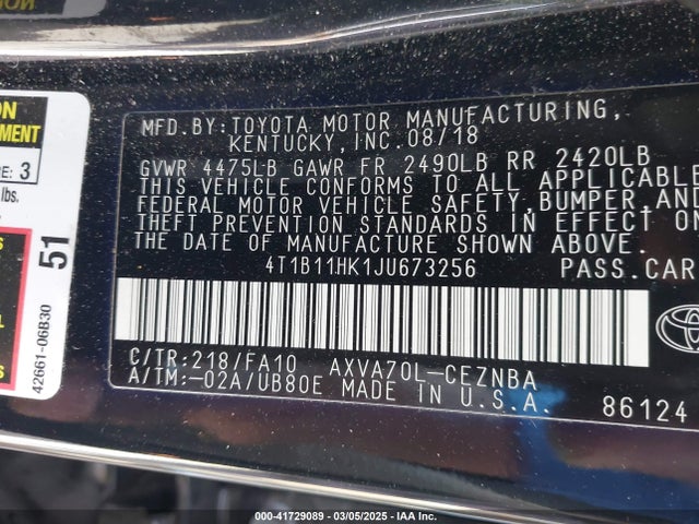 4T1B11HK1JU673256 Toyota CAMRY LE