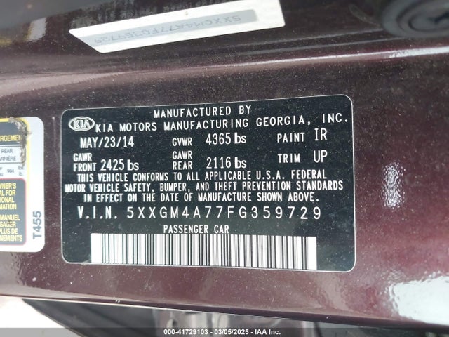 5XXGM4A77FG359729 KIA Optima Lx