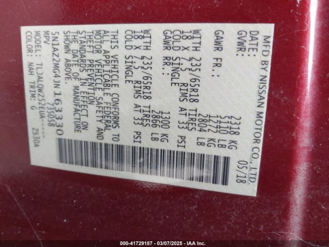 5N1AZ2MG4JN163330 Nissan MURANO SV