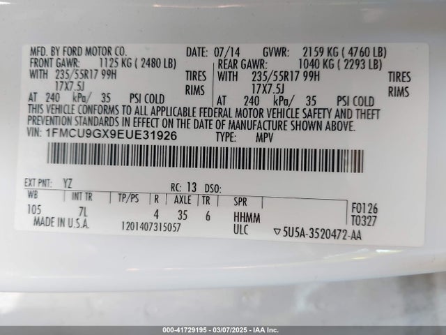 1FMCU9GX9EUE31926 Ford ESCAPE SE