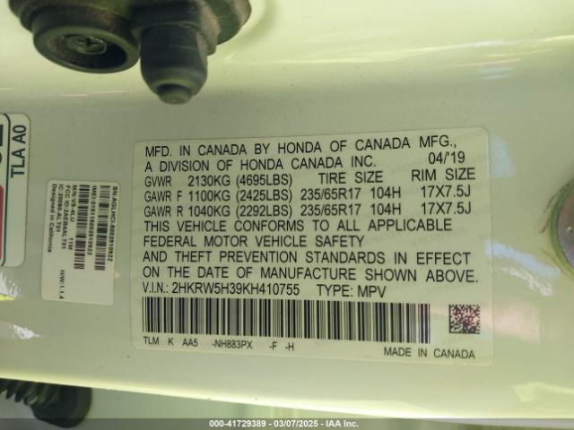 2HKRW5H39KH410755 Honda CR-V LX