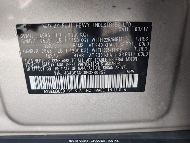 Subaru u5 2017 4S4BSANC0H3380359 Image 9