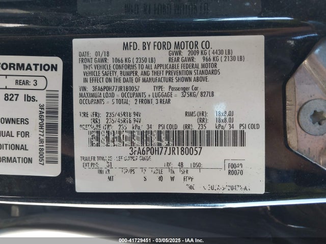3FA6P0H77JR180057 Ford FUSION SE