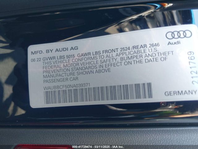 WAUBBCF50NA039371 Audi A5 Sportback Prestige 40 Tfsi Quattro S Tronic