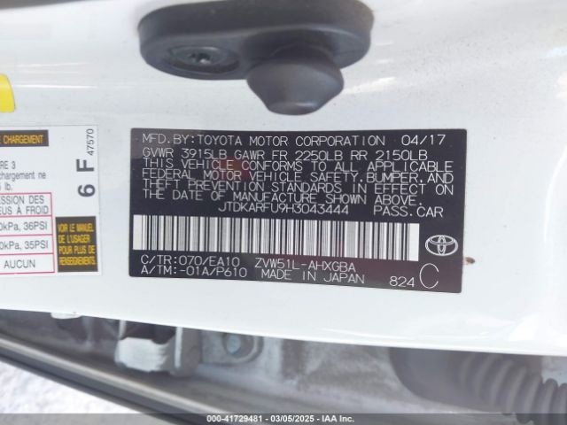JTDKARFU9H3043444 Toyota Prius Four
