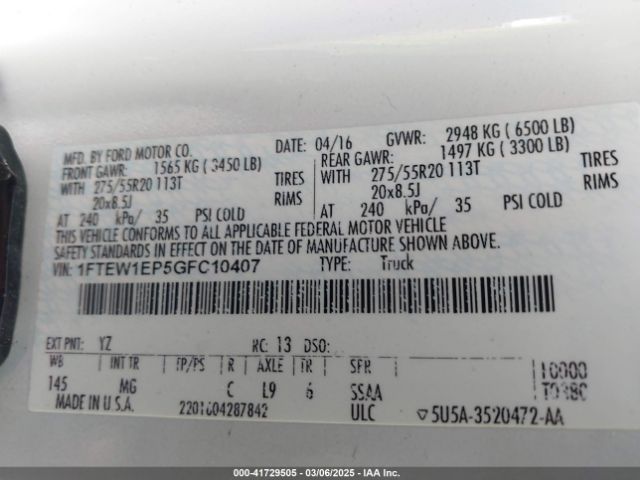 1FTEW1EP5GFC10407 Ford F-150 Xlt