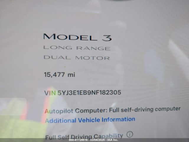 5YJ3E1EB9NF182305 Tesla Model 3 Long Range Dual Motor All-wheel Drive