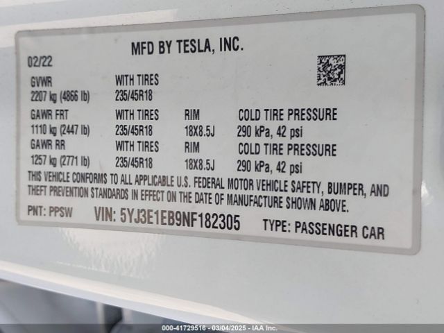 5YJ3E1EB9NF182305 Tesla Model 3 Long Range Dual Motor All-wheel Drive