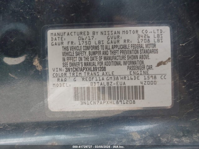 3N1CN7APXHL891208 Nissan Versa 1.6 Sv
