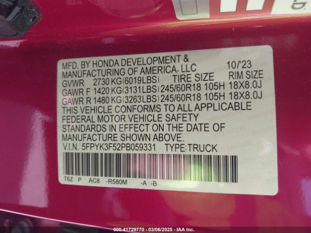 5FPYK3F52PB059331 Honda Ridgeline Rtl