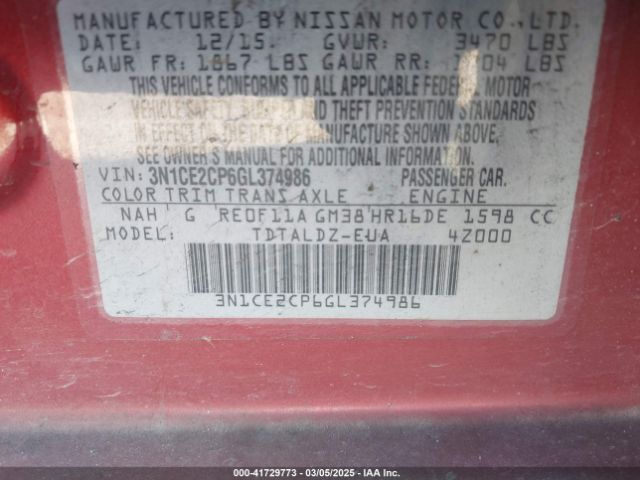 3N1CE2CP6GL374986 Nissan Versa Note S (sr)/s Plus/sl/sr/sv