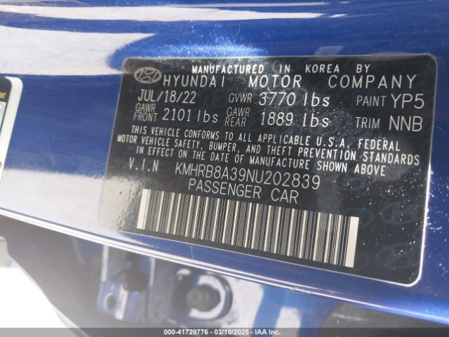 KMHRB8A39NU202839 Hyundai Venue Se